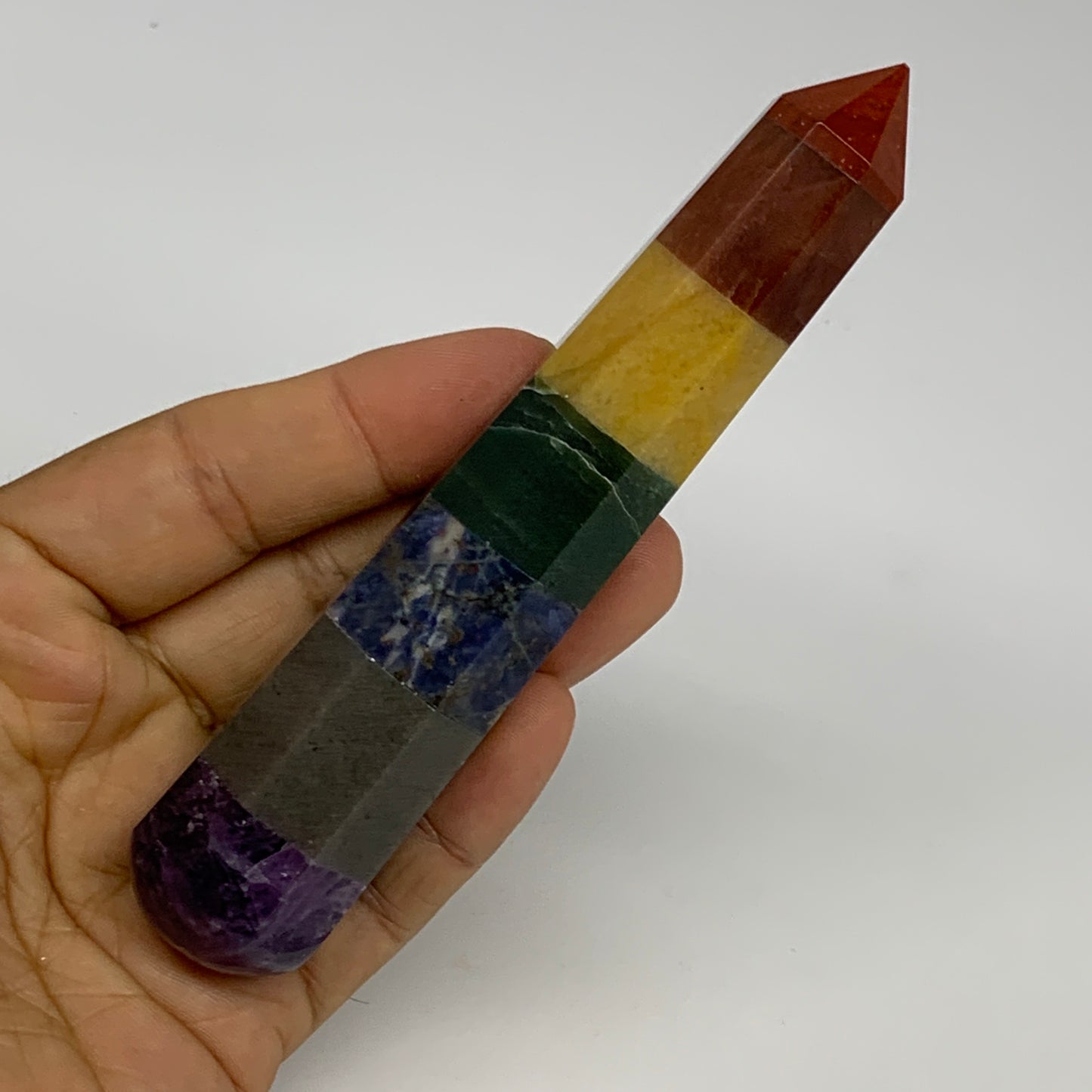 117.6g, 5"x1", 7 Chakra Point Wand Obelisk Point Crystal from India, B29114