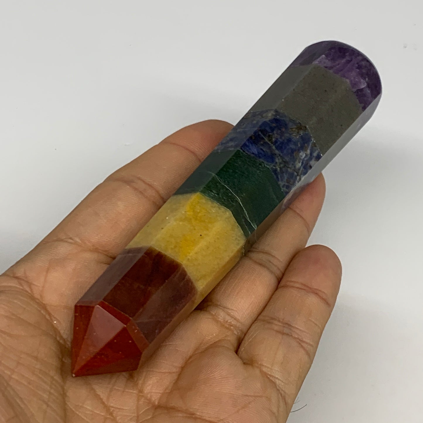 117.6g, 5"x1", 7 Chakra Point Wand Obelisk Point Crystal from India, B29114