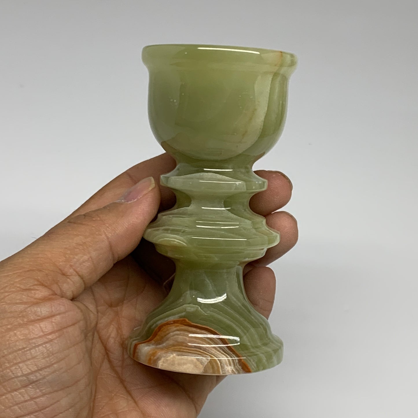 254g, 3.8"x1.9", Natural Green Onyx Candle Holder Gemstone Hand Carved, B32108