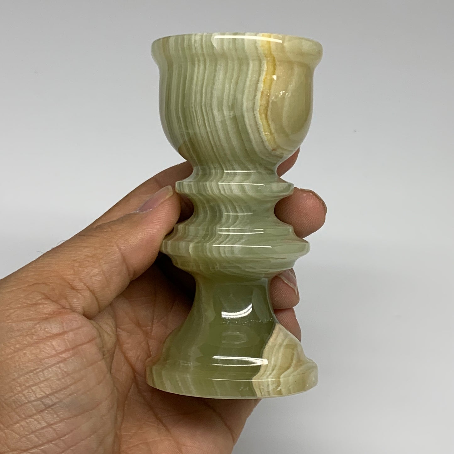 254g, 3.8"x1.9", Natural Green Onyx Candle Holder Gemstone Hand Carved, B32108