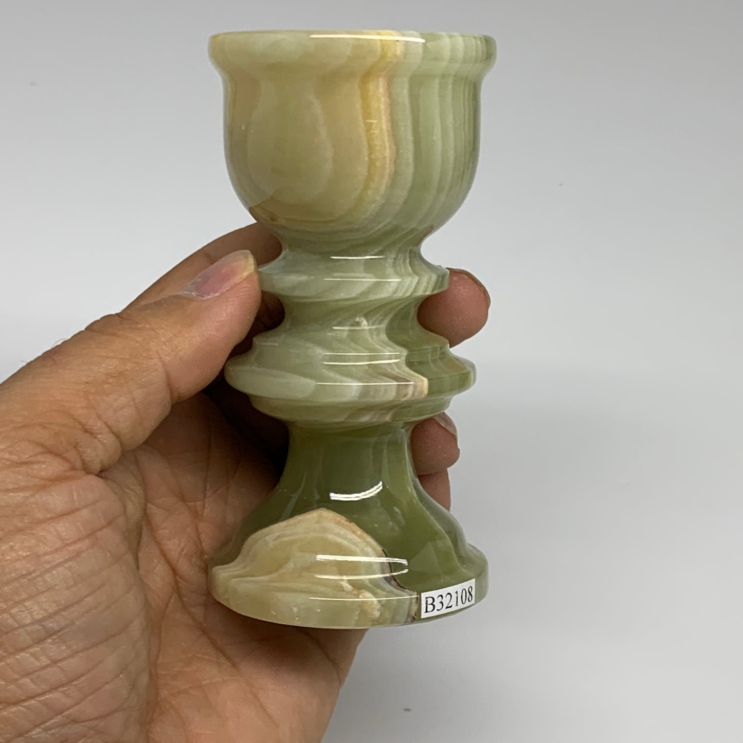 254g, 3.8"x1.9", Natural Green Onyx Candle Holder Gemstone Hand Carved, B32108