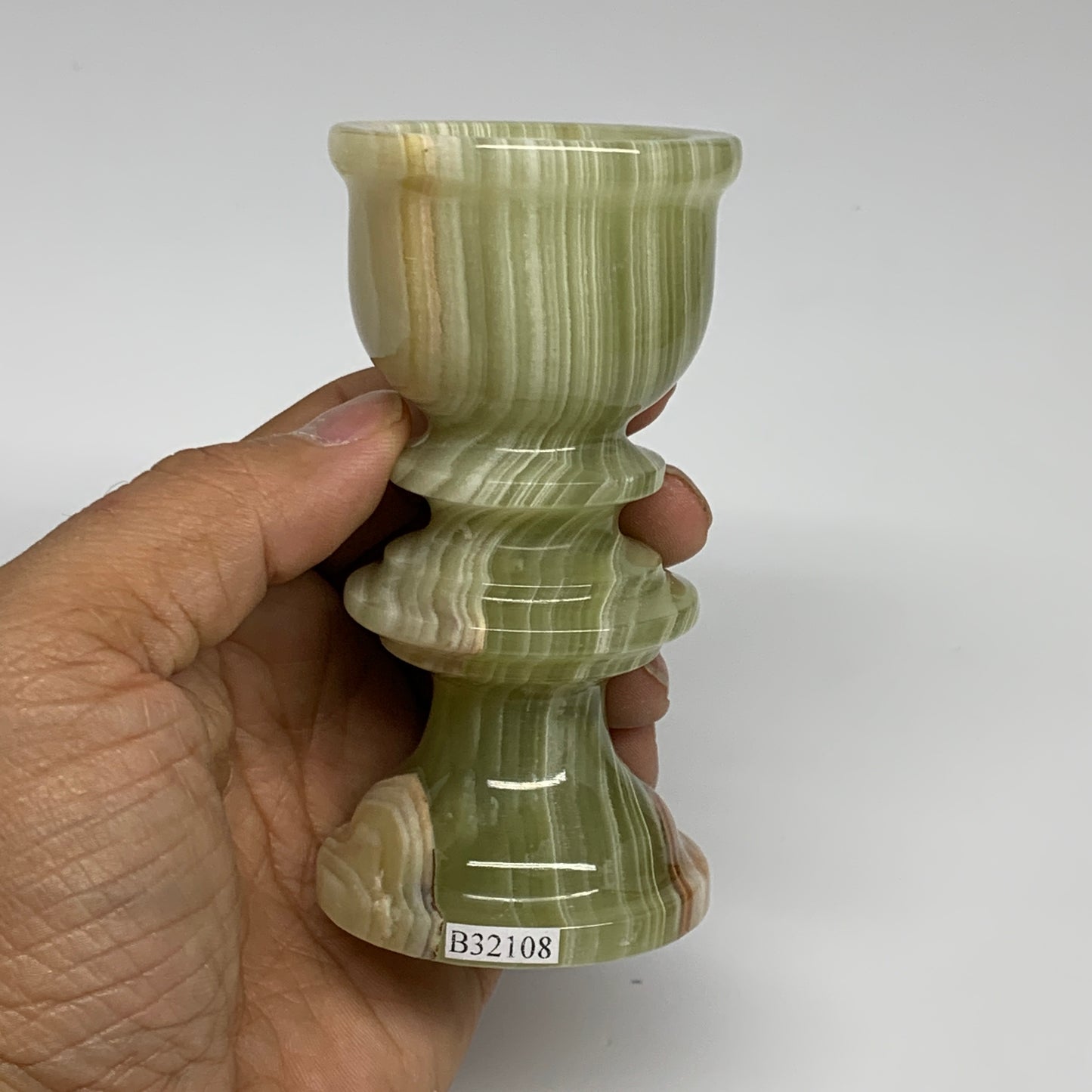 254g, 3.8"x1.9", Natural Green Onyx Candle Holder Gemstone Hand Carved, B32108