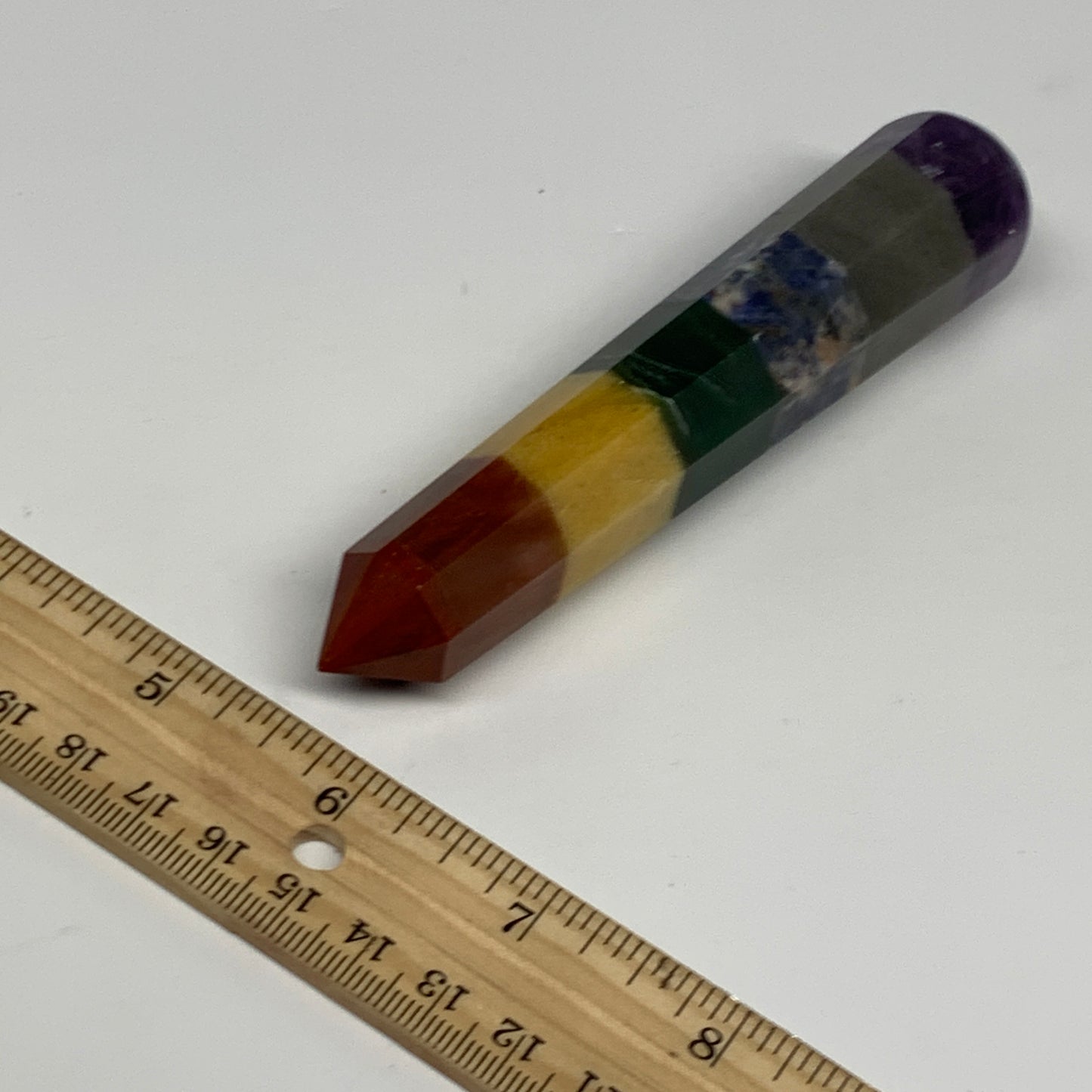 117.6g, 5"x1", 7 Chakra Point Wand Obelisk Point Crystal from India, B29114