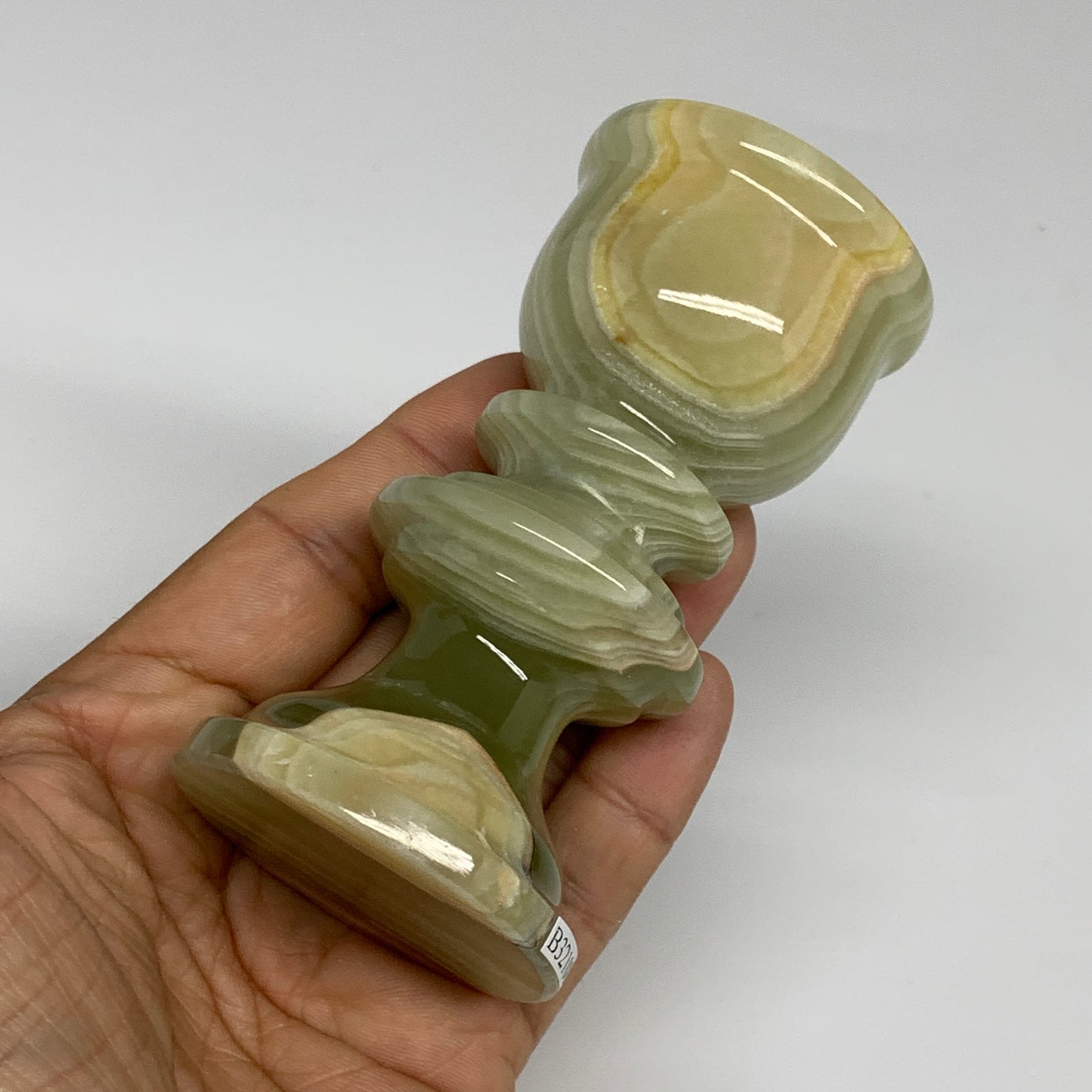 254g, 3.8"x1.9", Natural Green Onyx Candle Holder Gemstone Hand Carved, B32108