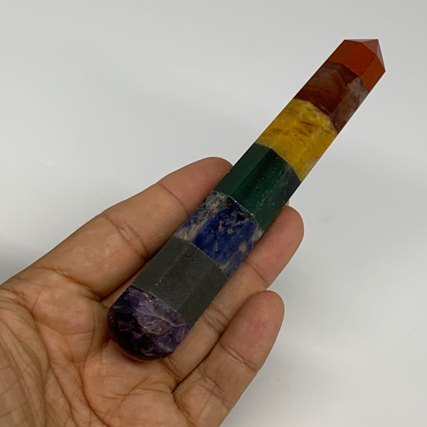 98.6g, 5.1"x0.9", 7 Chakra Point Wand Obelisk Point Crystal from India, B29117