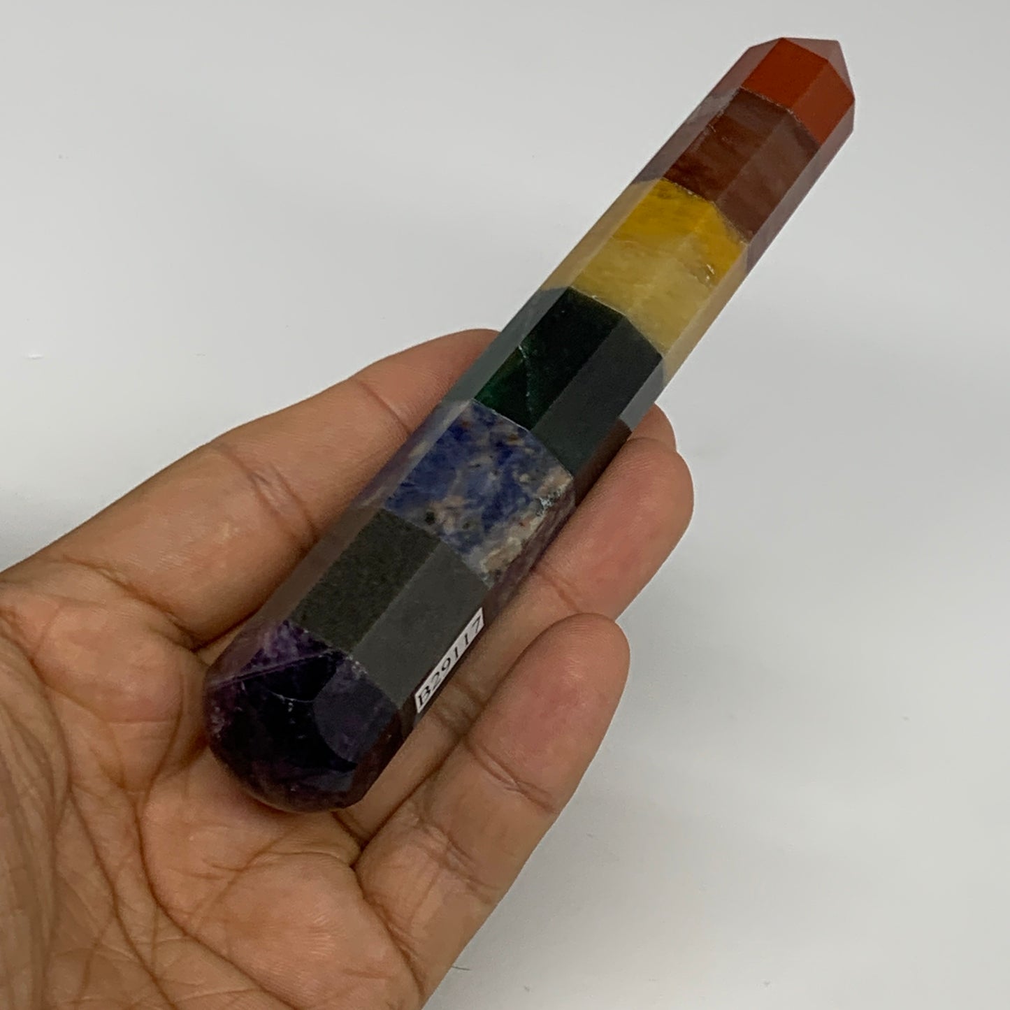 98.6g, 5.1"x0.9", 7 Chakra Point Wand Obelisk Point Crystal from India, B29117