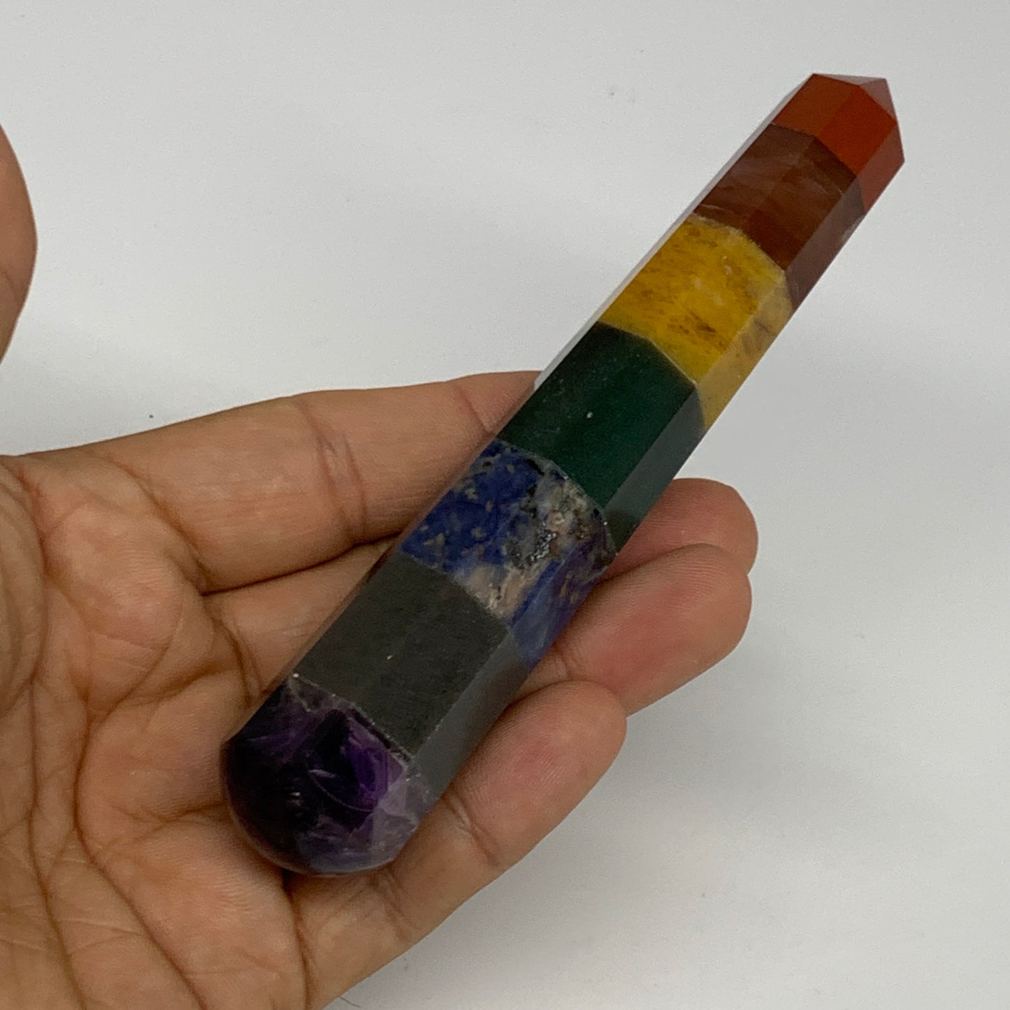 98.6g, 5.1"x0.9", 7 Chakra Point Wand Obelisk Point Crystal from India, B29117