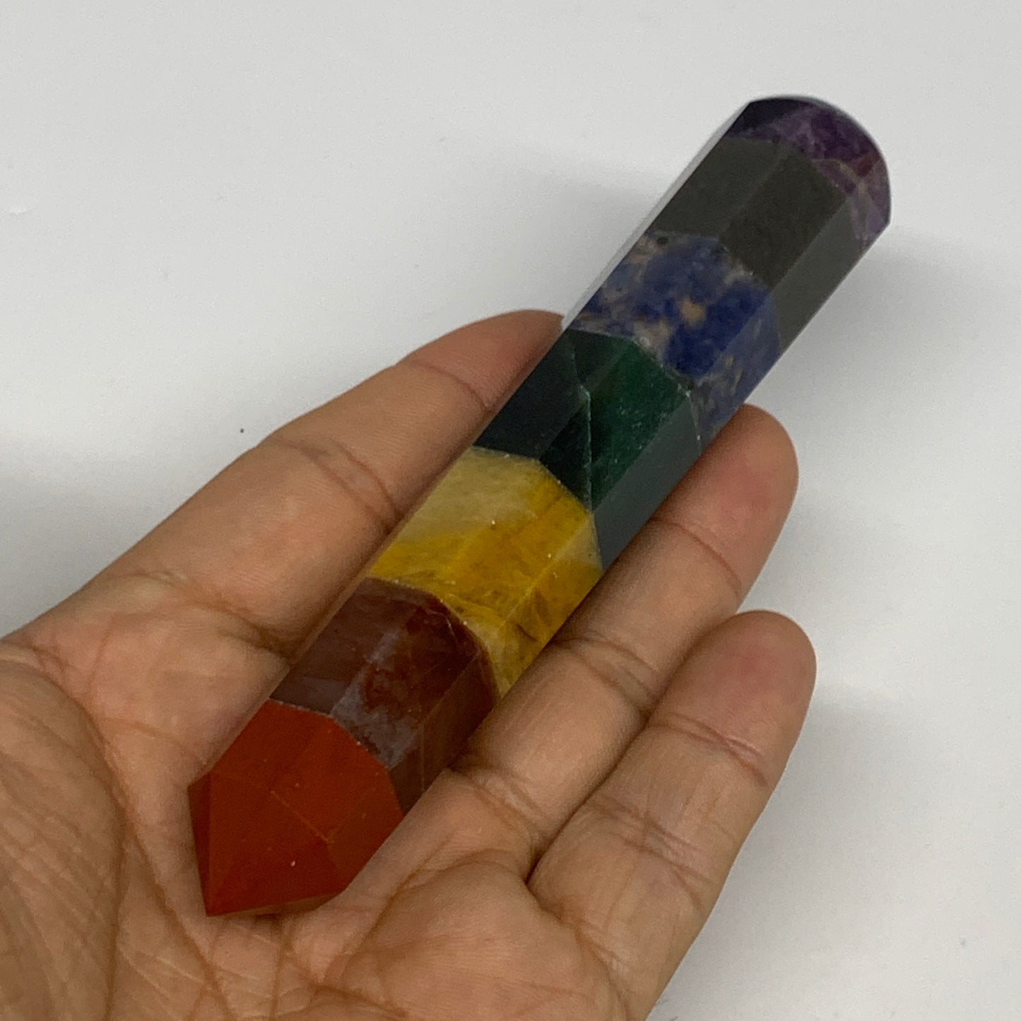 98.6g, 5.1"x0.9", 7 Chakra Point Wand Obelisk Point Crystal from India, B29117