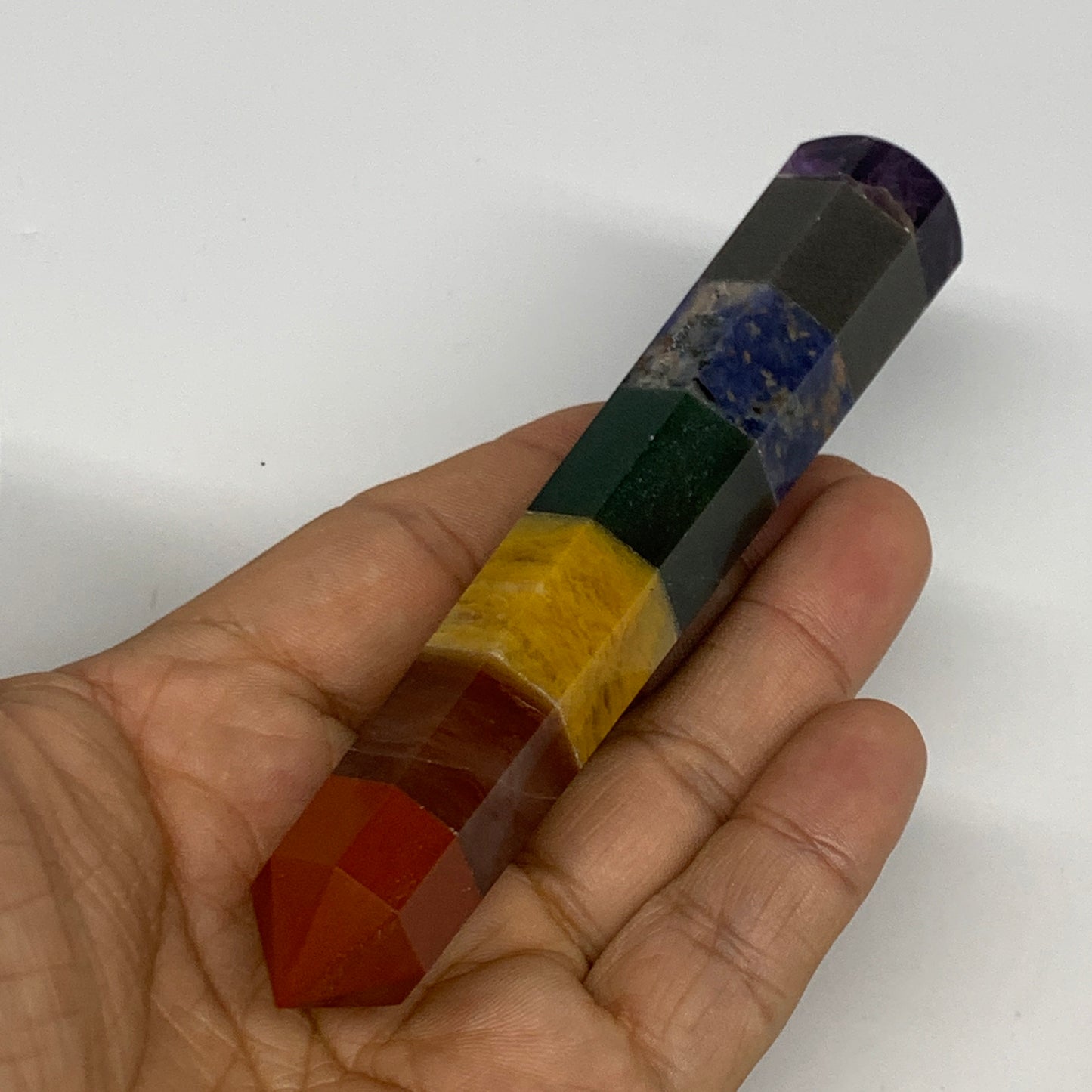 98.6g, 5.1"x0.9", 7 Chakra Point Wand Obelisk Point Crystal from India, B29117