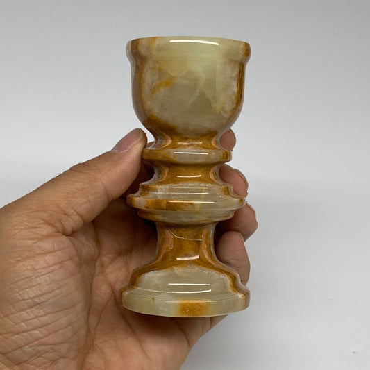 243g, 3.8"x1.8", Natural Green Onyx Candle Holder Gemstone Hand Carved, B32103