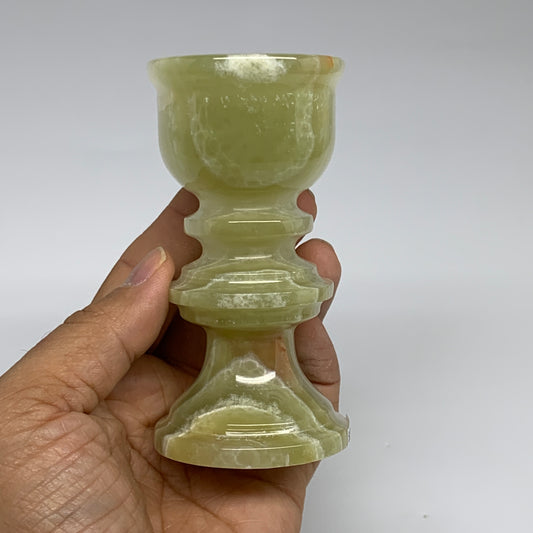 257g, 3.8"x1.9", Natural Green Onyx Candle Holder Gemstone Hand Carved, B32088