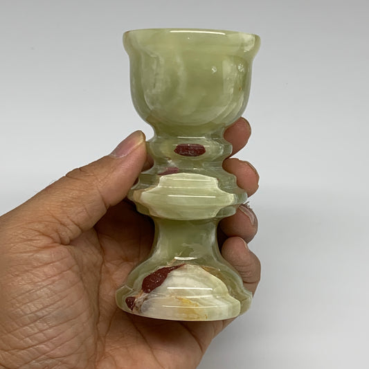 269.9g, 3.9"x1.9", Natural Green Onyx Candle Holder Gemstone Hand Carved, B32086