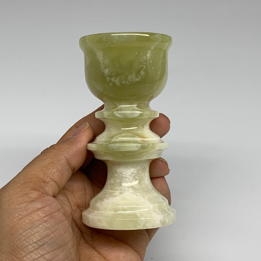 254g, 3.8"x1.9", Natural Green Onyx Candle Holder Gemstone Hand Carved, B32085