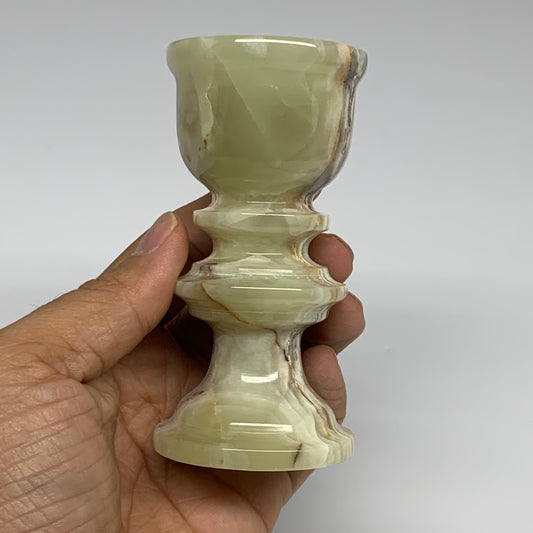 241g, 3.8"x1.9", Natural Green Onyx Candle Holder Gemstone Hand Carved, B32084