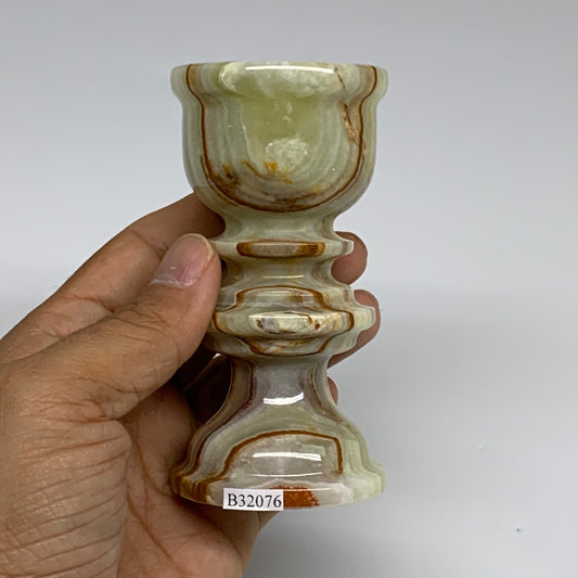 270g, 3.8"x2", Natural Green Onyx Candle Holder Gemstone Hand Carved, B32076