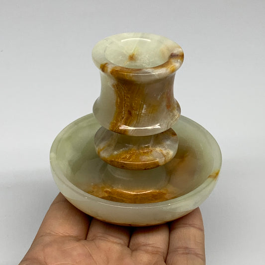 205g, 2.7"x1.4"x2.9", Natural Green Onyx Candle Holder Gemstone Hand Carved, B32