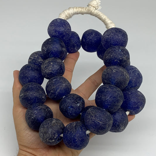 2.23 lbs, 25mm-32mm, 1 Strand, 25 beads, Blue Round Sea Glass Beads , B35642