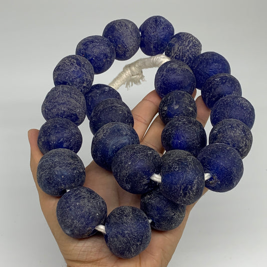 2.24 lbs, 25mm-30mm, 1 Strand, 25 beads, Blue Round Sea Glass Beads , B35643