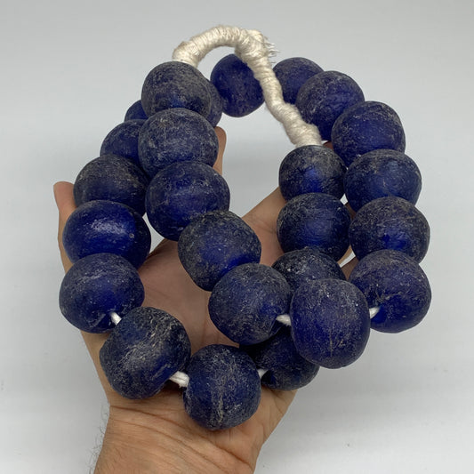 2.23 lbs, 25mm-32mm, 1 Strand, 25 beads, Blue Round Sea Glass Beads , B35644