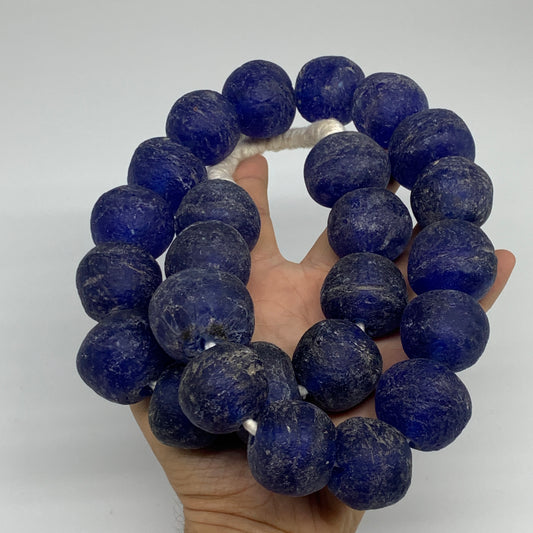 2.22 lbs, 25mm-30mm, 1 Strand, 25 beads, Blue Round Sea Glass Beads , B35645