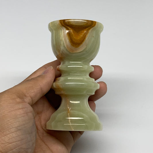 279.9g, 3.7"x2", Natural Green Onyx Candle Holder Gemstone Hand Carved, B32149