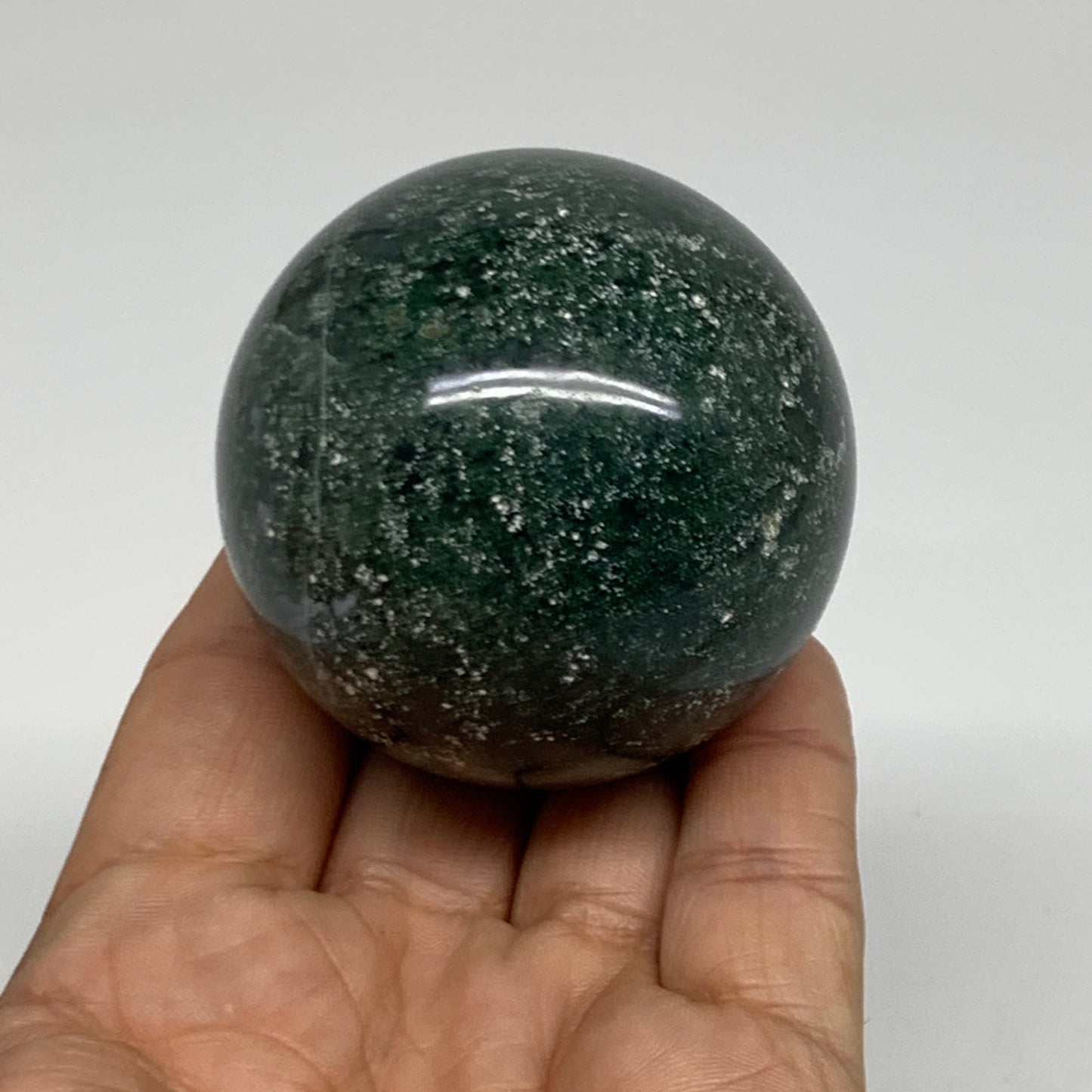 214.9g, 2.1"(54mm), Natural Moss Agate Sphere Ball Gemstone @India,B34925