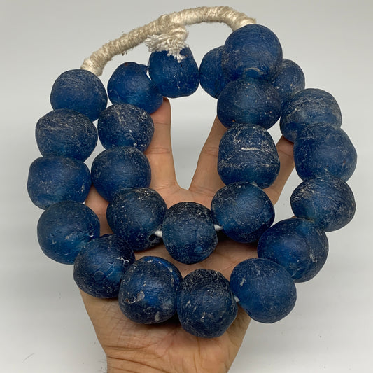 2.29 lbs, 23mm-30mm, 1 Strand, 24 beads, Blue Round Sea Glass Beads , B35650