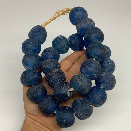 2.3 lbs, 23mm-30mm, 1 Strand, 25 beads, Blue Round Sea Glass Beads , B35652