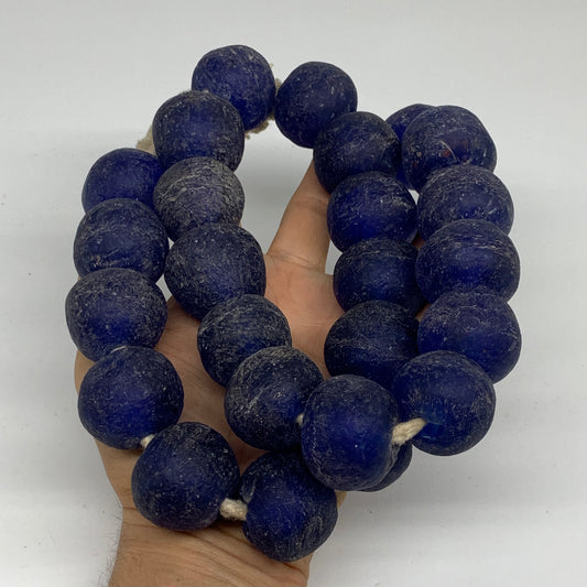 2.28 lbs, 21mm-29mm, 1 Strand, 25 beads, Blue Round Sea Glass Beads , B35654