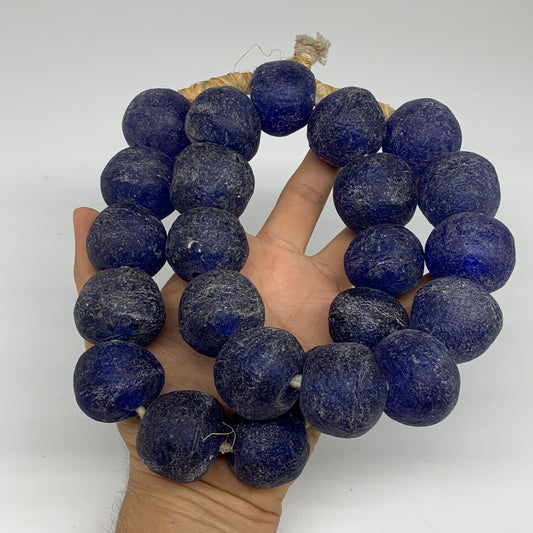 2.22 lbs, 22mm-31mm, 1 Strand, 24 beads, Blue Round Sea Glass Beads , B35660