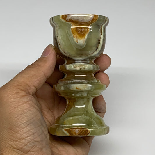 252g, 3.8"x1.9", Natural Green Onyx Candle Holder Gemstone Hand Carved, B32164