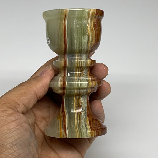 252g, 3.8"x1.9", Natural Green Onyx Candle Holder Gemstone Hand Carved, B32165
