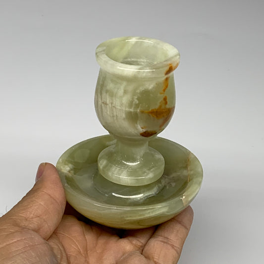 267g, 3.3"x1.4"x2.8", Natural Green Onyx Candle Holder Gemstone Hand Carved, B32