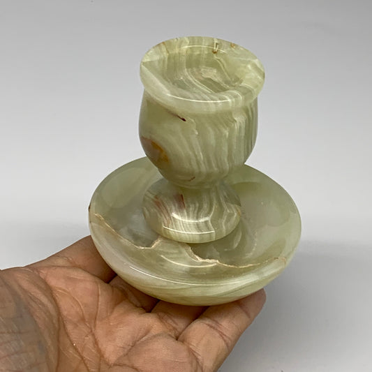 285g, 3.2"x1.5"x2.9", Natural Green Onyx Candle Holder Gemstone Hand Carved, B32