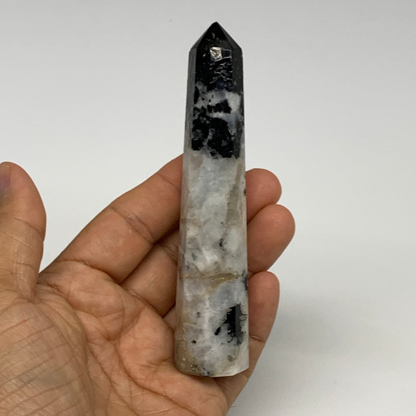 90g, 4.4"x0.9", Rainbow Moonstone Tower Obelisk Point Crystal @India, B29248