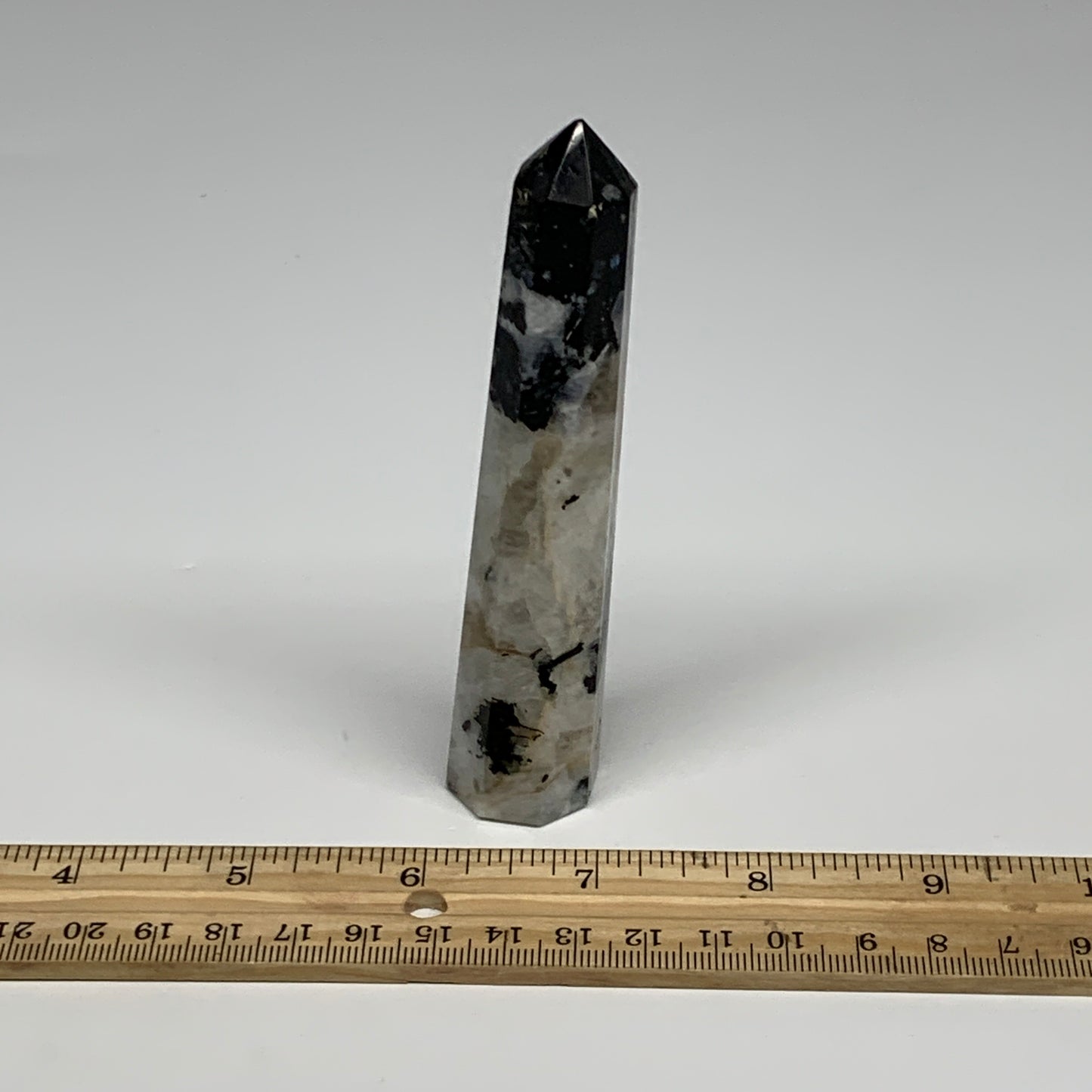 90g, 4.4"x0.9", Rainbow Moonstone Tower Obelisk Point Crystal @India, B29248