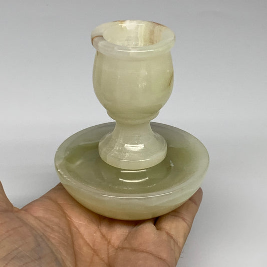 299.9g, 3.3"x1.5"x3", Natural Green Onyx Candle Holder Gemstone Hand Carved, B32