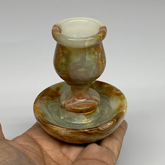249g, 3.2"x1.5"x2.7", Natural Green Onyx Candle Holder Gemstone Hand Carved, B32
