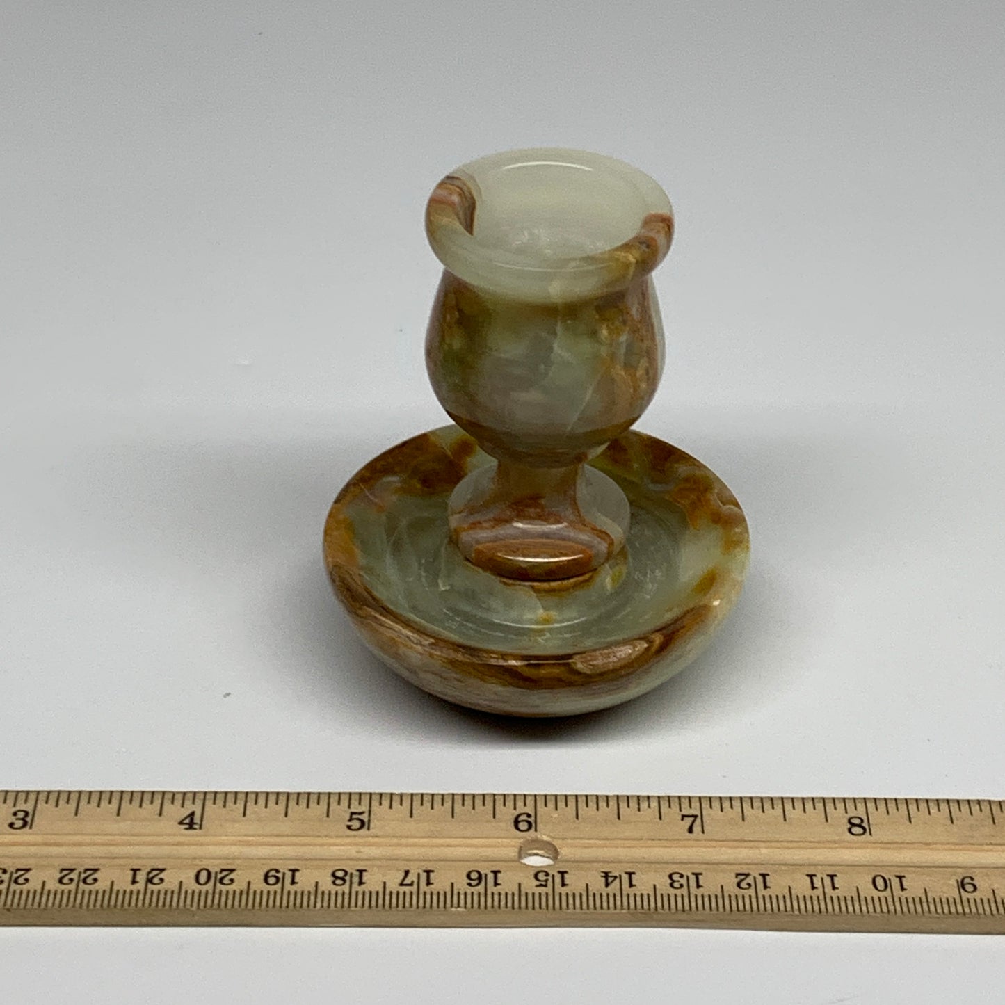 249g, 3.2"x1.5"x2.7", Natural Green Onyx Candle Holder Gemstone Hand Carved, B32