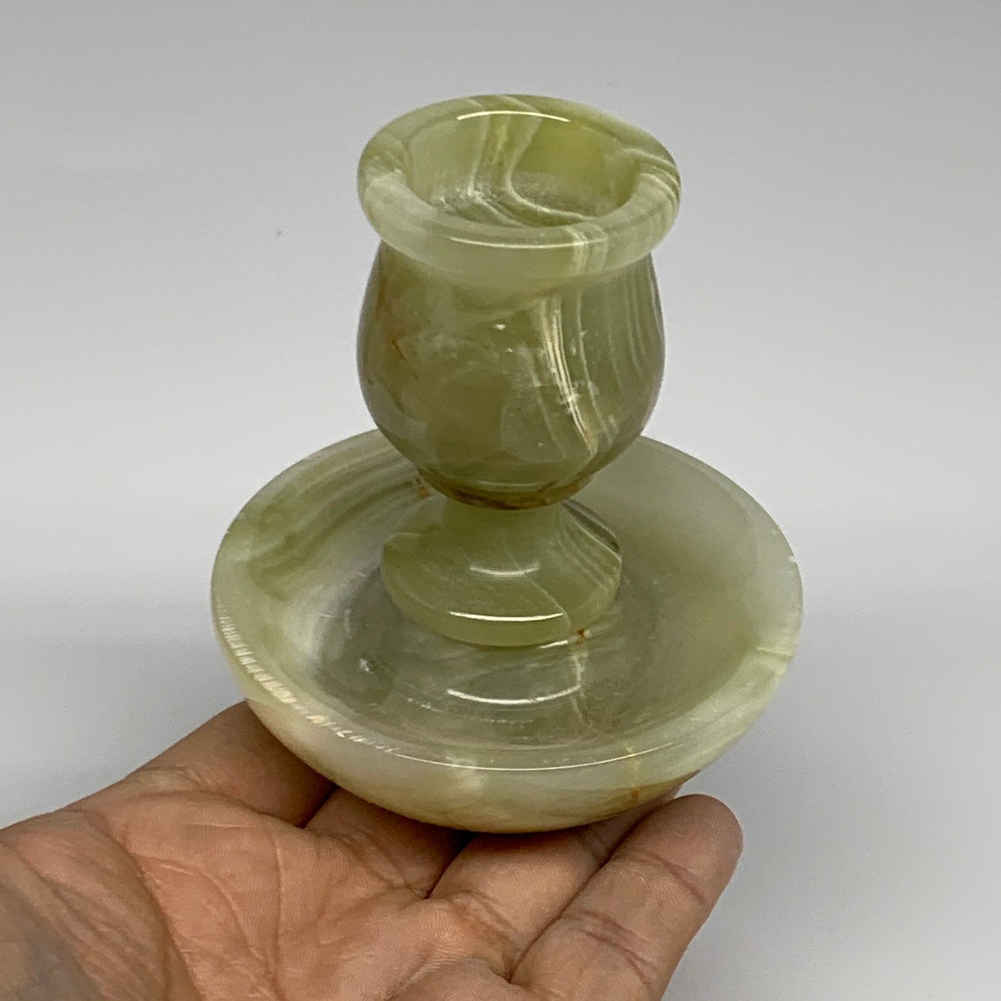 284g, 3.3"x1.4"x2.9", Natural Green Onyx Candle Holder Gemstone Hand Carved, B32