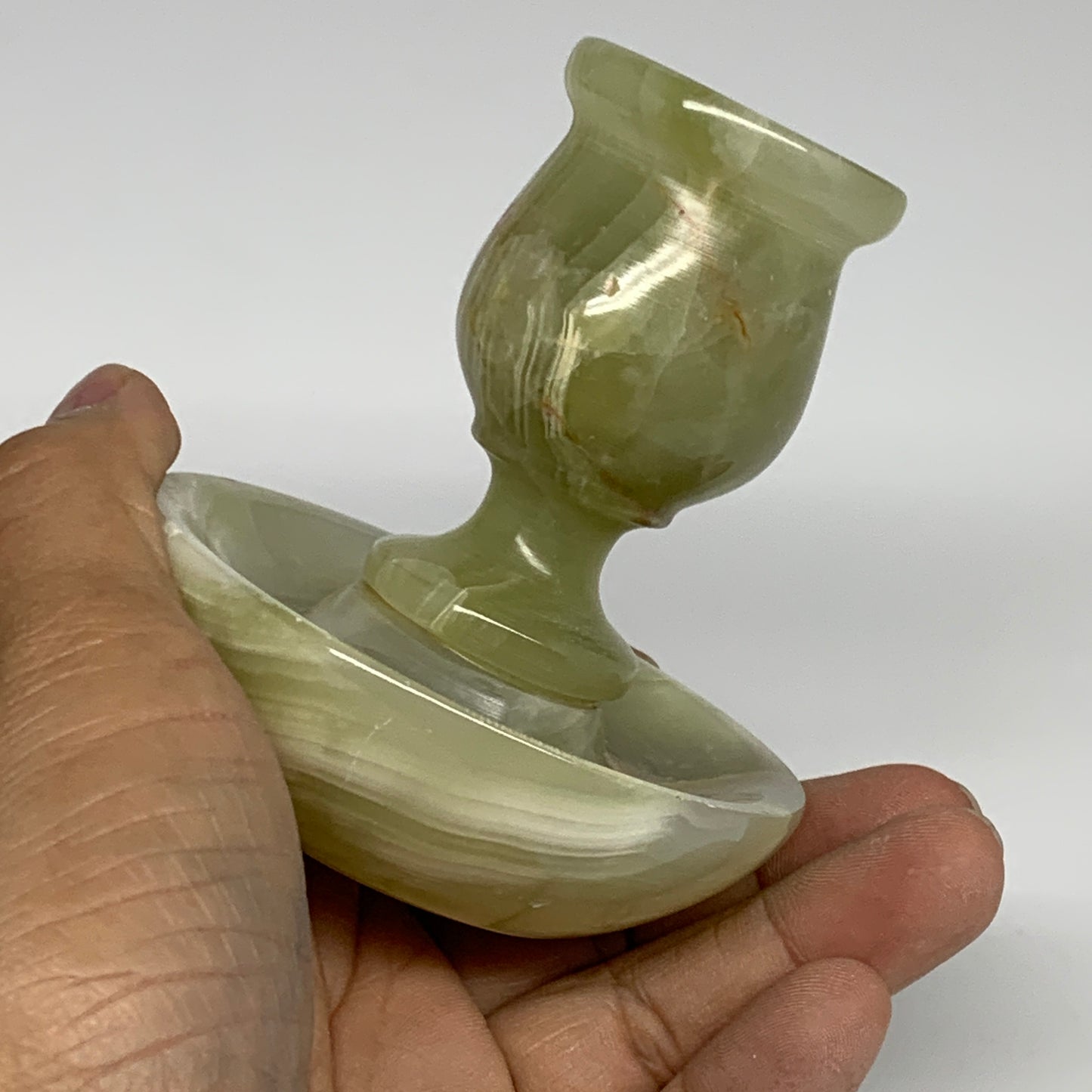 284g, 3.3"x1.4"x2.9", Natural Green Onyx Candle Holder Gemstone Hand Carved, B32