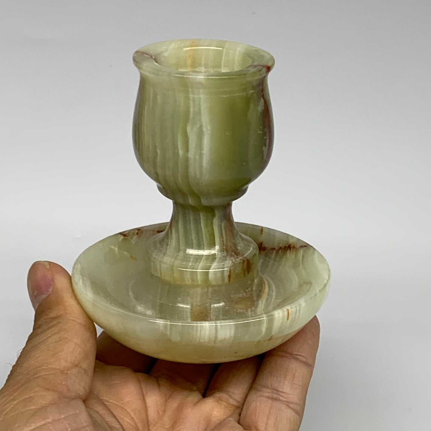 271g, 3.2"x1.5"x2.9", Natural Green Onyx Candle Holder Gemstone Hand Carved, B32