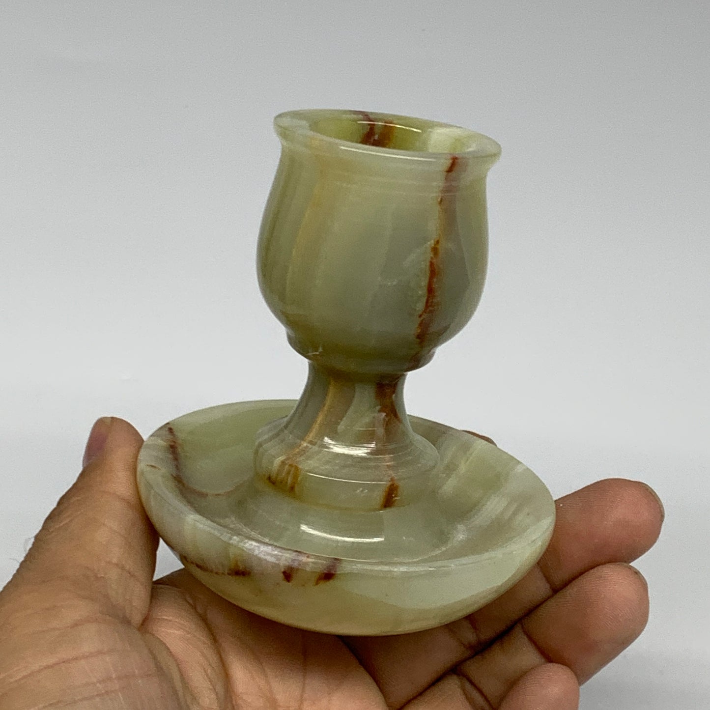 271g, 3.2"x1.5"x2.9", Natural Green Onyx Candle Holder Gemstone Hand Carved, B32