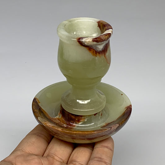 264g, 3.2"x1.4"x2.9", Natural Green Onyx Candle Holder Gemstone Hand Carved, B32