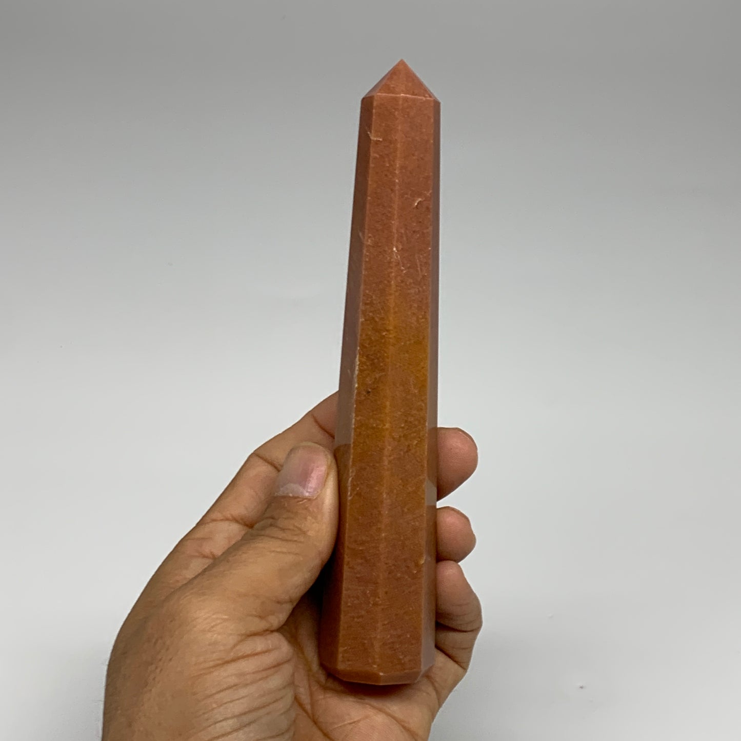 158.9g, 5.8"x1.1"x1.1" Red Aventurine Tower Obelisk Point Crystal @India,B31561