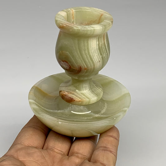 267g, 3.3"x1.5"x2.9", Natural Green Onyx Candle Holder Gemstone Hand Carved, B32