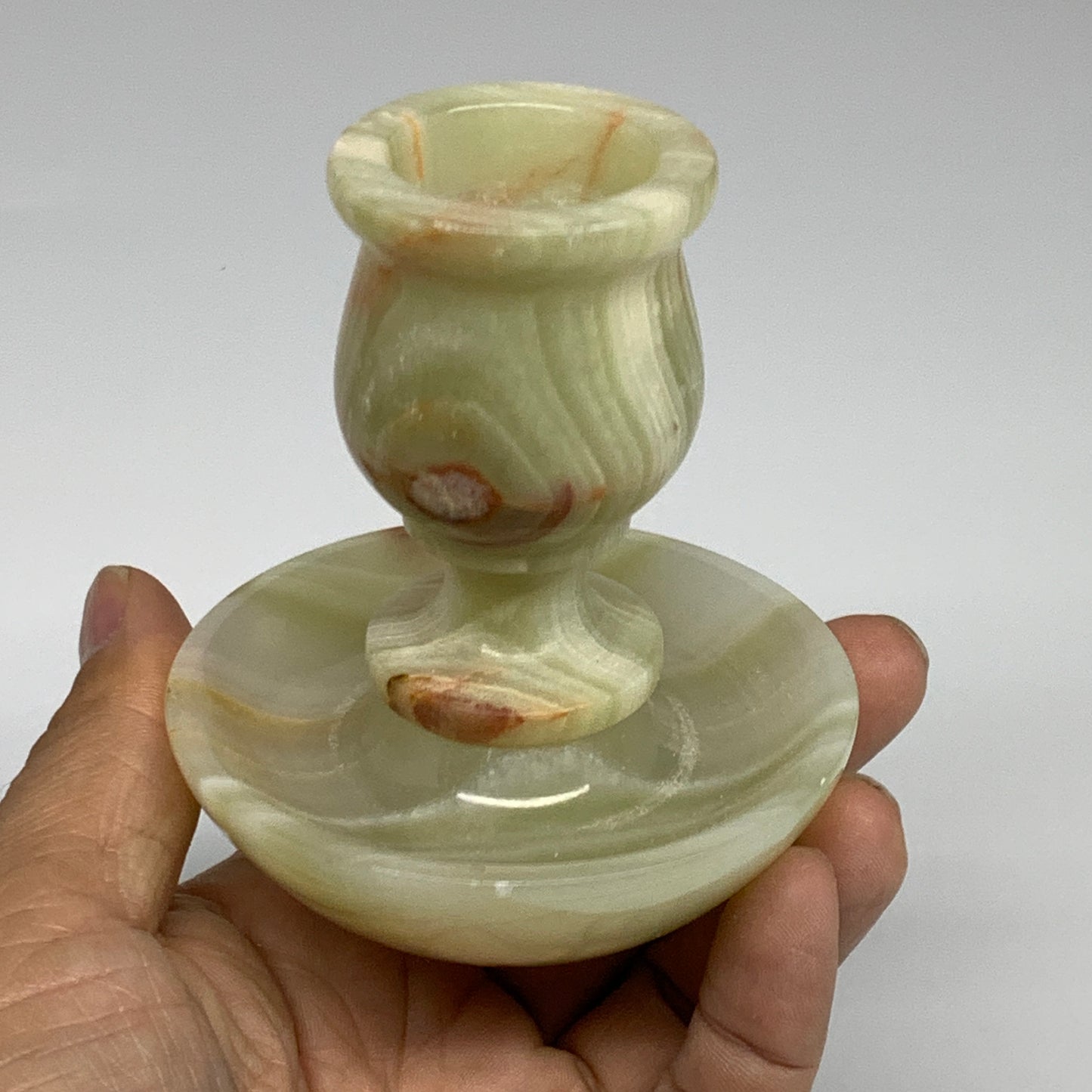 267g, 3.3"x1.5"x2.9", Natural Green Onyx Candle Holder Gemstone Hand Carved, B32