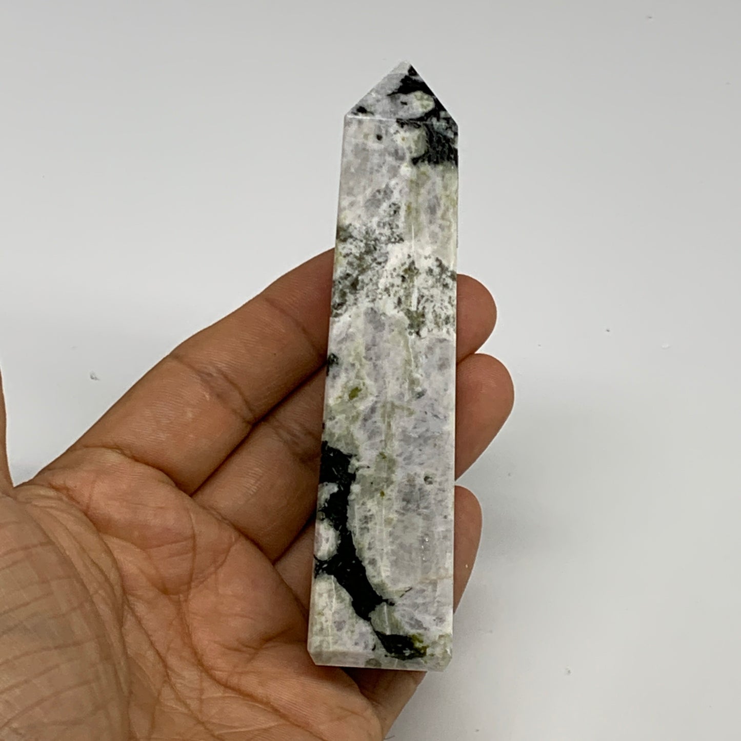 130.4g, 4.1"x1"x1" Rainbow Moonstone Tower Obelisk Point Crystal @India,B29285