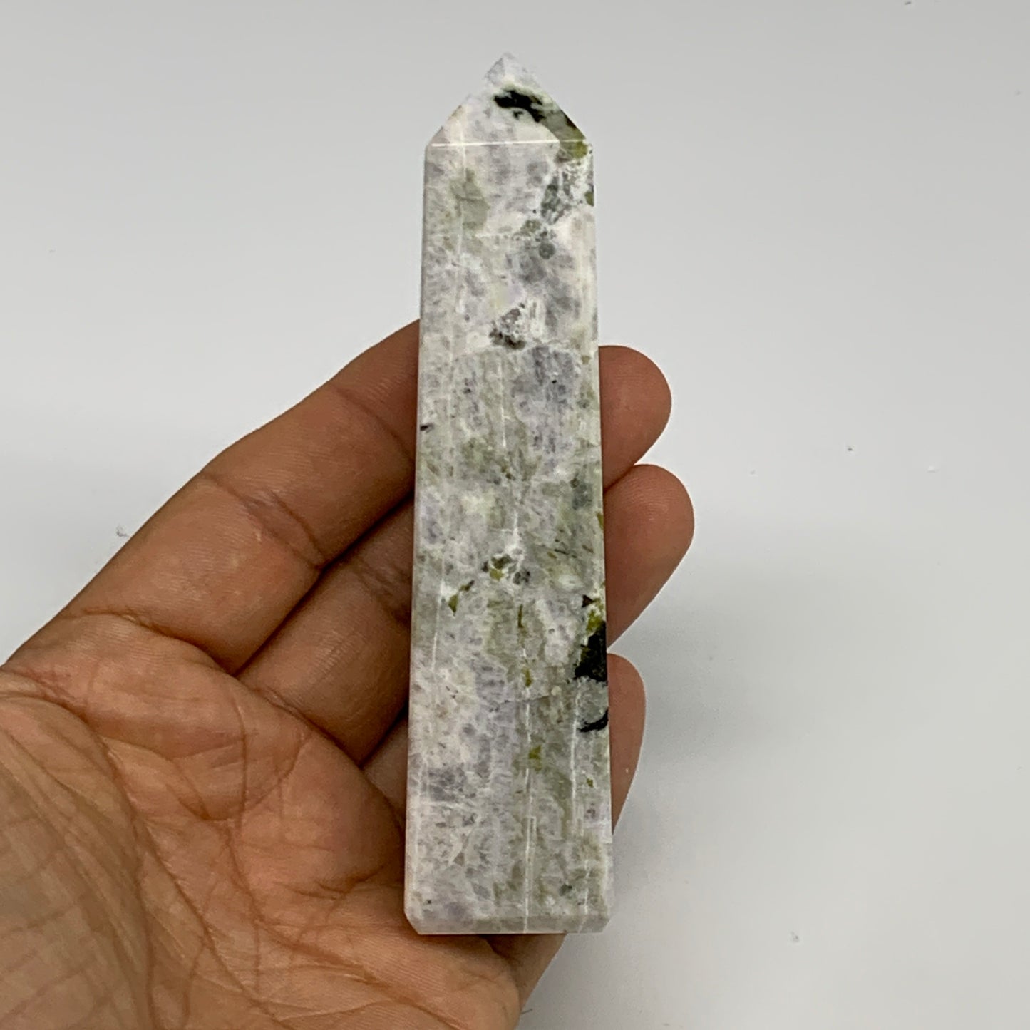 130.4g, 4.1"x1"x1" Rainbow Moonstone Tower Obelisk Point Crystal @India,B29285