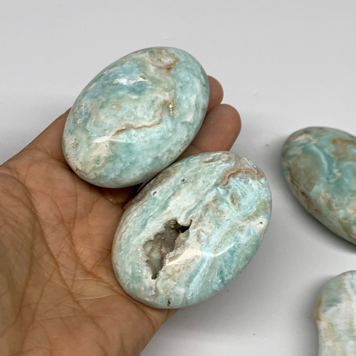 2.14 lbs, 2.3"-2.8", 10pcs, Blue Aragonite Calcite Palm-Stone Polished, B31612